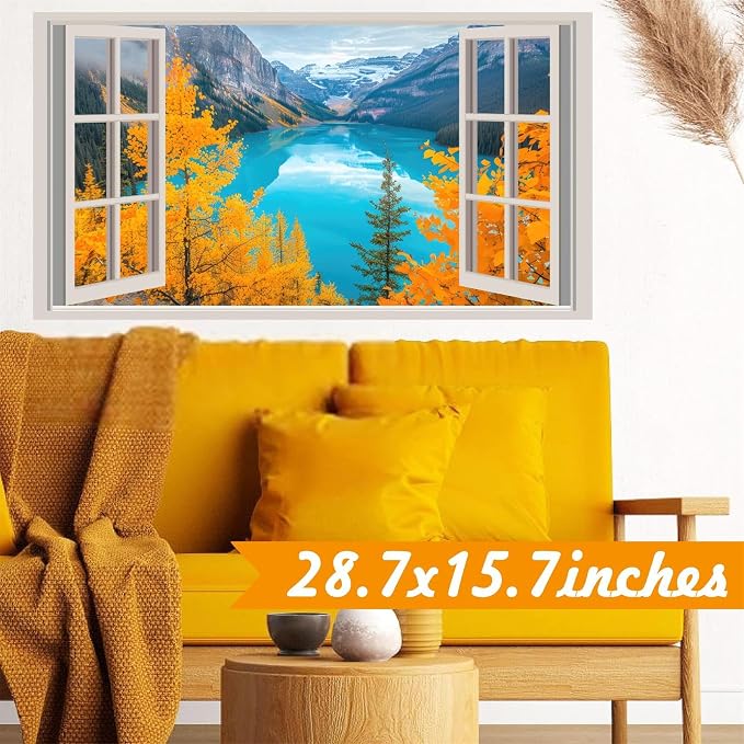3D Nature Fake Windows Wall Decals Autumn Forest Tree Wall Art Murals Decal Peel and Stick Fall Mountain Lake Sticker Faux Window Landscape Poster Pictures Decals for Bedroom Office Kitchen - Image 3