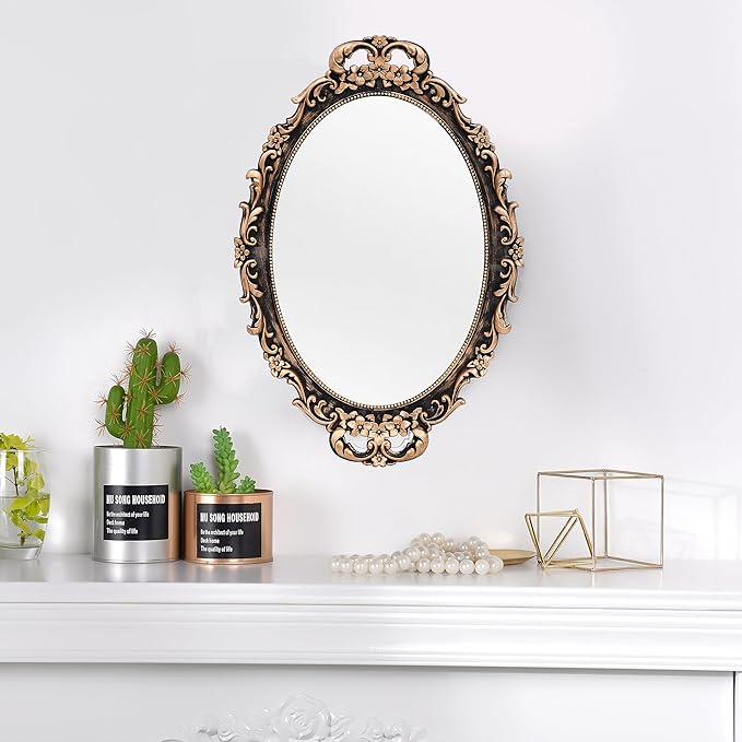 Tstarer Vintage Decorative Gold Framed Mirror, Wall Hanging Mirrors & Tabletop Tray for Bedroom Living Room Dresser Decor, Oval- 9.6" W x 14.3" L (Bronze) - Image 5