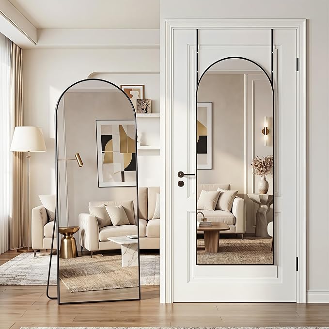 58"x20" Over The Door Mirror, Arched Full Length Mirror, Black - Image 3