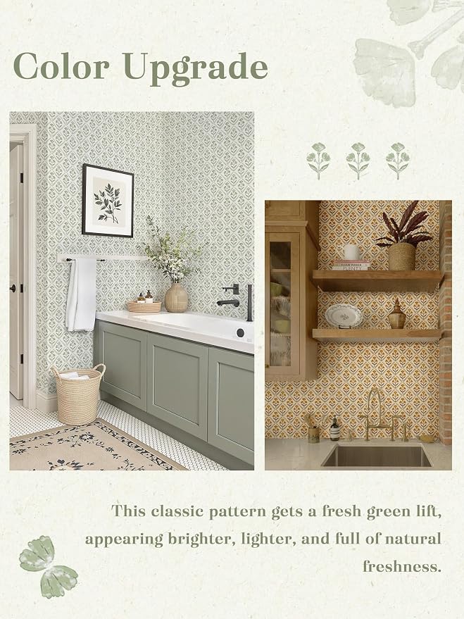 Dimoon Green Peel and Stick Wallpaper Floral Contact Paper Village Vintage Summer Cute Farmhouse Cottage Wall Paper Country Renter Friendly Geometry Waterproof Moody Bathroom Kitchen 197"x17.3" - Image 6