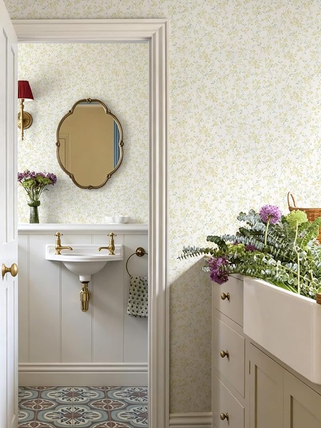 Peel and Stick Wallpaper for Nursery Yellow Cherry Blossom Waterproof | 393"×17.3" Yellow Floral Watercolor Wallpaper Gentle Accent Wall Decor with Grid Lines for Bedroom Vinyl Self-adhesive - Image 2