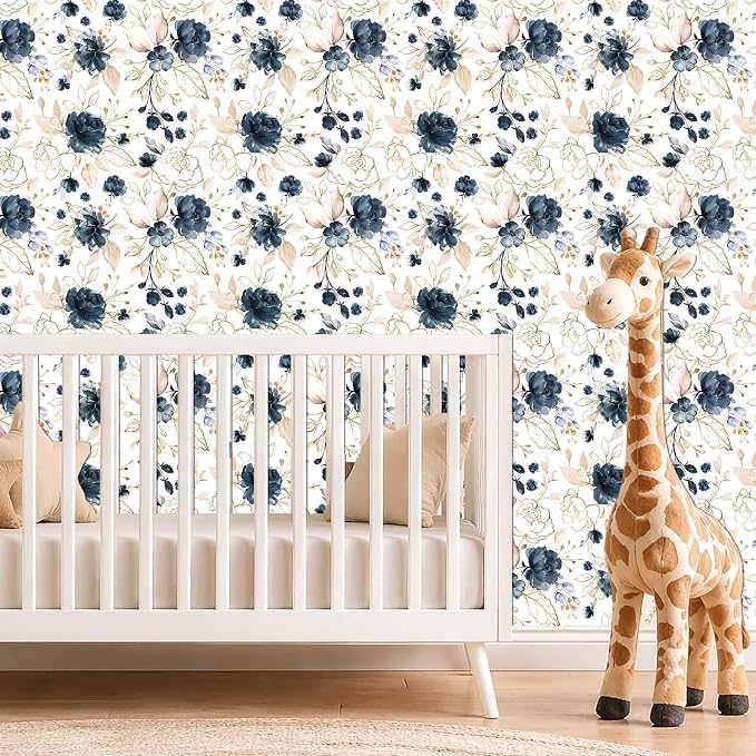 Navy Blue Floral Peel and Stick Wallpaper 17.7"x118" | Removable thick vinyl, watercolor botanical design, laundry room, bedroom, bathroom, renter friendly accent walls - Image 4