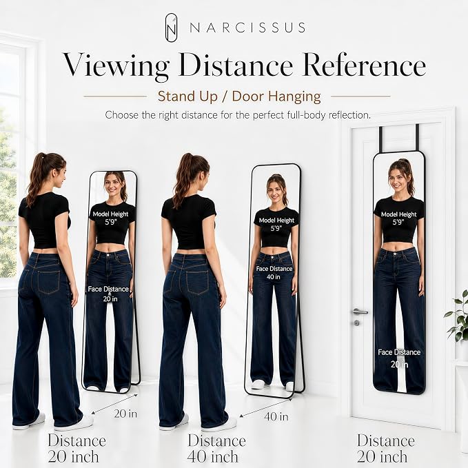NARCISSUS Full Length Mirror 57x16 Inch, Over The Door Mirror with Stand, Wall Mounted or Freestanding/Door Hanging Full Body, Aluminum Alloy Frame, Black - Image 6