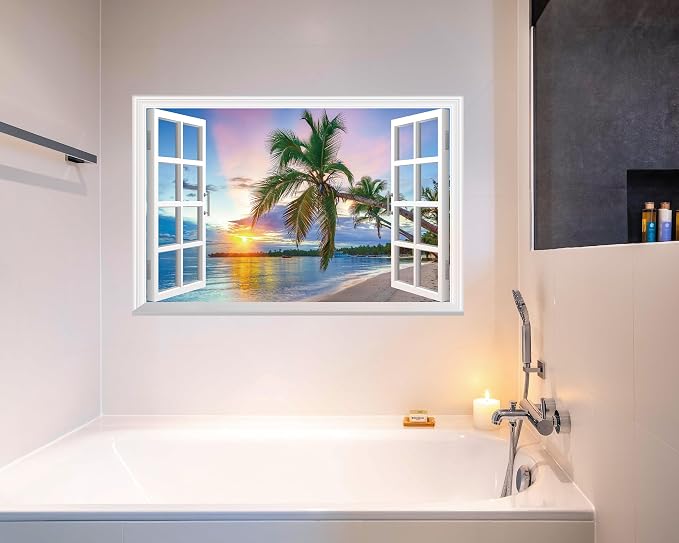 FLFK Fake Window Wall Mural - Sunrise Over the Sea Faux Window Wall Sticker for Wall Decor, Stick and Peel Wall Decals,48"x32",Set of 2 Sheets - Image 5