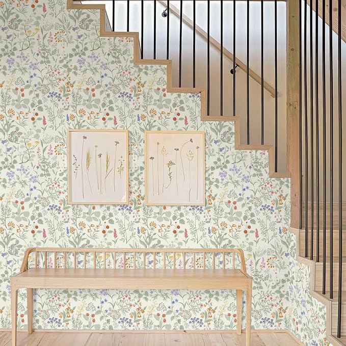 Dimoon Floral Wallpaper Peel and Stick Floral Leaves Contact Paper Beige Green Renter Friendly Wallpaper Removable Textured Farmhouse Cottage Wall Paper for Bathroom Bedroom Vinyl Roll 17.3" X 78.7" - Image 9