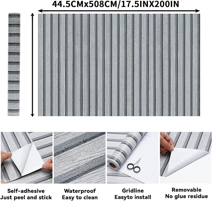 Gray Wood Slat Wallpaper - Peel & Stick Self-Adhesive (17.5" x 200"), Wood Effect Contact Paper for Walls, Easy DIY Wall Covering for Bedroom, Living Room & Feature Walls - Image 2
