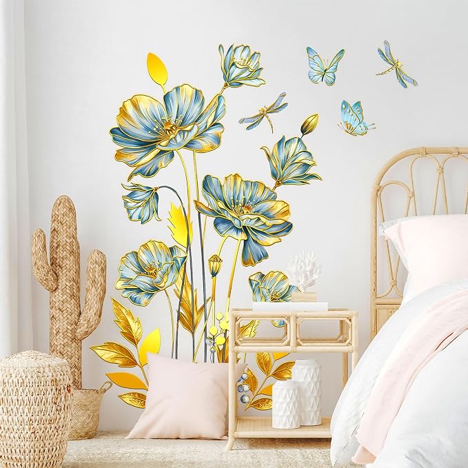Blue and Gold Floral Wall Decals with Butterflies and Dragonflies, Large Flower Wall Stickers, 39.37x29.52 Inch, Bedroom Living Room Decor (Blue and Gold) - Image 8