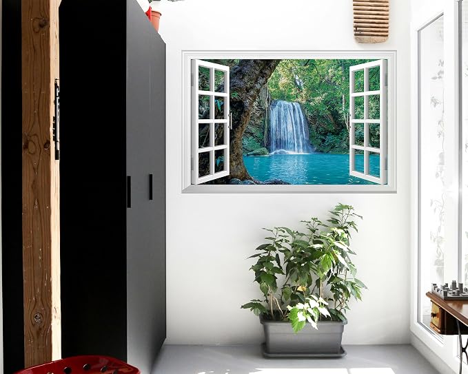 FLFK Fake Window Wall Mural - Waterfall and Lake in The Jungle Faux Window Wall Sticker for Wall Decor, Peel and Stick Wall Decals,48"x32",Set of 2 Sheets - Image 4