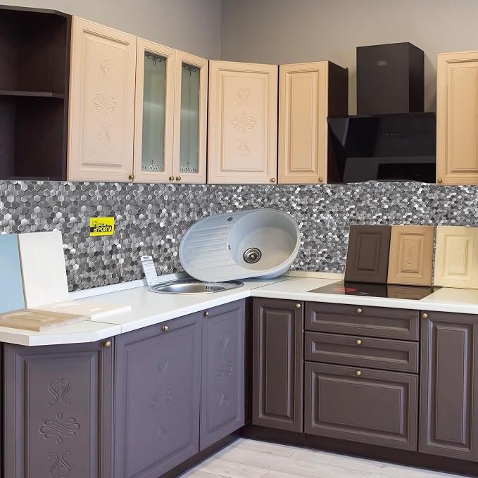 KASARO Peel and Stick Backsplash Tiles, 12" x 12" 3D Gray Hexagon Metal Mosaic Wall Panel, Self-Adhesive Waterproof Kitchen Backsplash for Bathroom, Fireplace, Living Room Decor, 8 Pack - Image 2