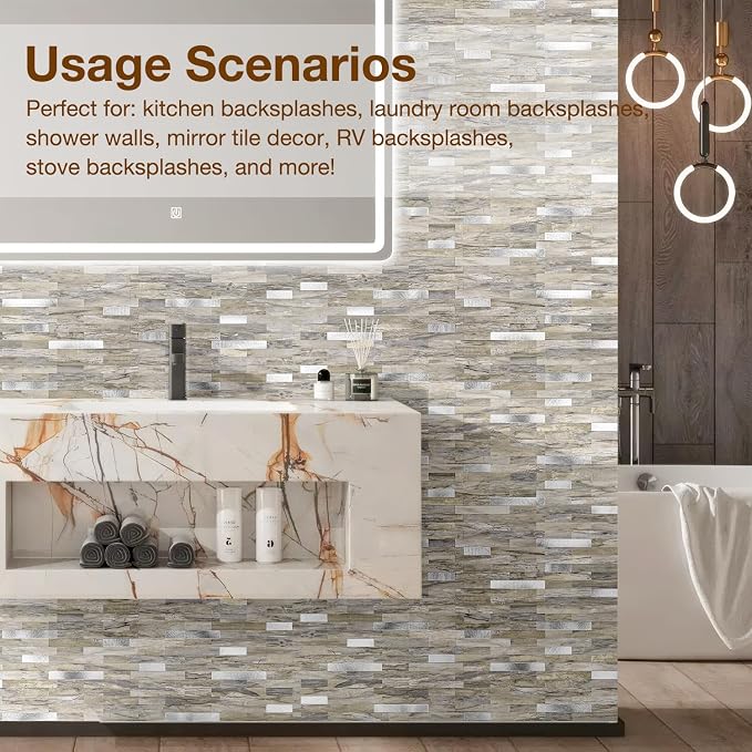 Peel and Stick Backsplash Tile Waterproof Removable PVC Wall Sticker 3D Faux Stone Marble Brick White Accent Panels (Gray - Yellow Stone - Metal Silver, 20 Tiles - 9 sq. ft. (0.84 M²)) - Image 7