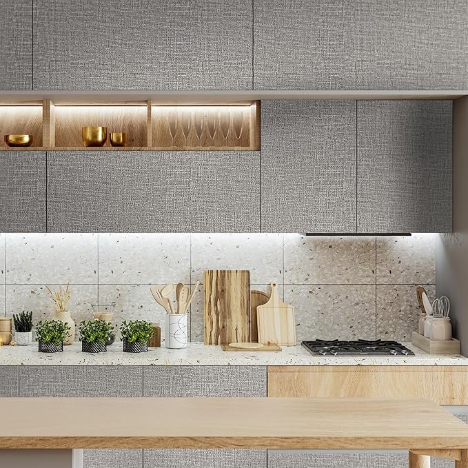 WADILE Grasscloth Peel and Stick Wallpaper 15.7in x 196.8in Light Gray | Textured contact paper, Faux linen, Vinyl material, Cabinets, Self adhesive - Image 5