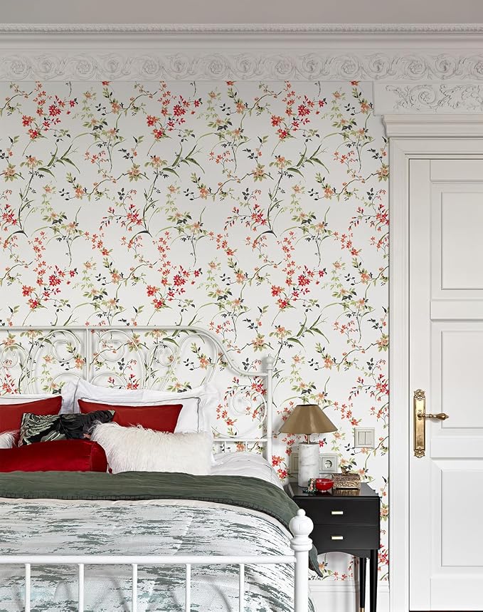 Floral Peel and Stick Wallpaper Self Adhesive Hydrangea Wall Paper French Country Cream Stick on Wallpaper for Bedroom Wall Decor Elegant Mural (Red, 196.85" X 17.4") - Image 8