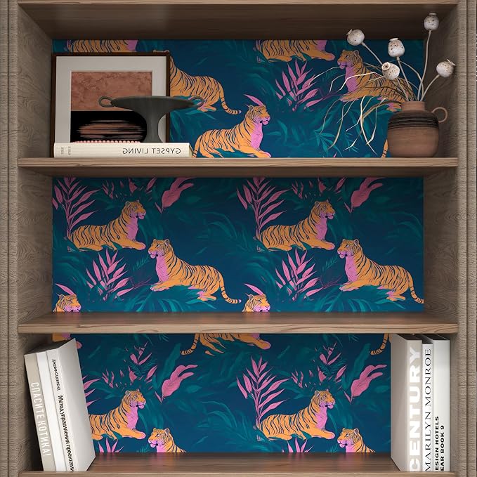 BOKEBEVE Tropical Tiger Wallpaper Peel and Stick Green Pink 17.5 x 196In | Removable Self Adhesive Renter Friendly Jungle Tiger Wall Paper for Bedroom Bathroom Living Room Feature Accent Wall - Image 3