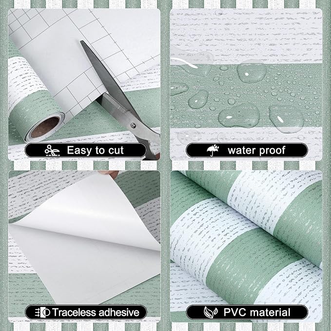 Green Stripe Peel and Stick Wallpaper 15.7" x 472" | Green and White Striped Boho Self-Adhesive Contact Paper Removable Waterproof Wallpaper for Bedroom,Cabinets,Drawer Liners - Image 9