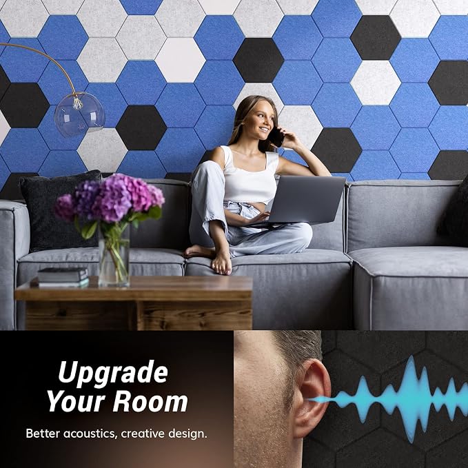 12 Pack Hexagon Acoustic Panels, TONOR 12"x 10"x 0.4" High Density Sound Proof Panels for Walls, Sound Deadening Insulation Treatment Foam Panel, Sound Absorbing Padding for Studio, Office, Home Black - Image 4