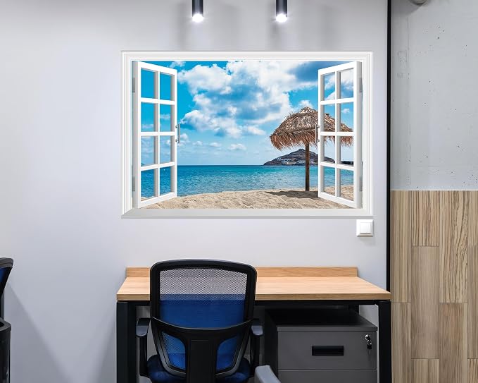 FLFK Fake Window Wall Mural - Ocean Beach Faux Window Wall Sticker for Wall Decor, Peel and Stick Wall Decals,48"x32",Set of 2 Sheets - Image 3