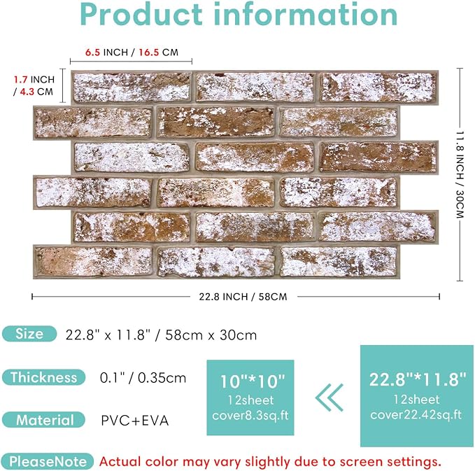 Commomy Faux Brick 3D Wall Panels - Not Real Brick 12 pcs of 22.8" x 11.8" | 22.8" x 11.8" Peel and Stick Tile Whitewash Brick Textured for Kitchen,Bedroom,Living Room（Covers 22.48 sq.ft） - Image 6