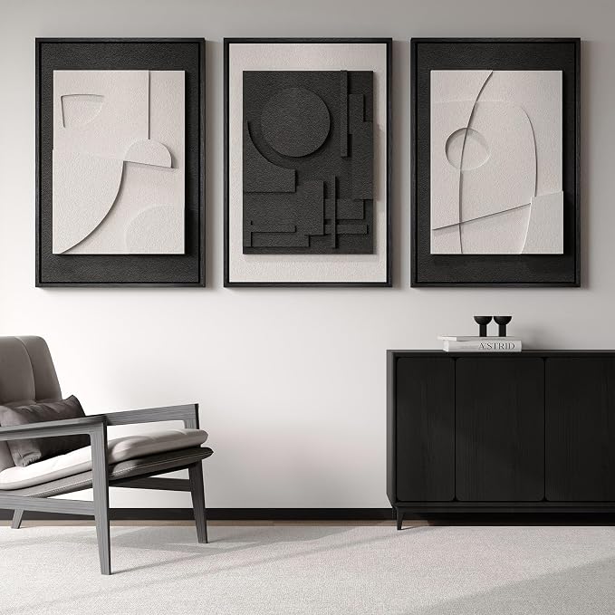 Large Framed Black and White Modern 3D Abstract Wall Art Set | Solid wood frame, Textured paintings, 3 piece 20x30 big artwork for walls, Pictures wall decor for living room bedroom office - Image 4