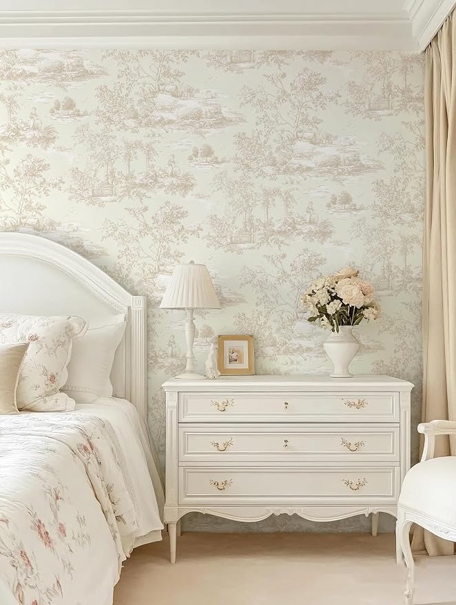 Toduso Peel and Stick Wallpaper Vintage Beige and Cream Neutral Wallpaper Toile Removable Self-Adhesive Waterproof Tree Contact Paper for Bedroom Living Room Cabinets Thicken Vinyl 17.3''x78.7'' - Image 4