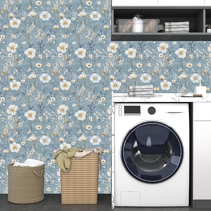 Laatse Vintage Floral Wallpaper Peel and Stick 17.5" x 118",Blue/White | Self Adhesive/Removable/Waterproof/Thick Vinyl Contact Paper for Bathroom Bedroom Shelf Cabinet Drawer,Prepasted,Easy Peel - Image 6
