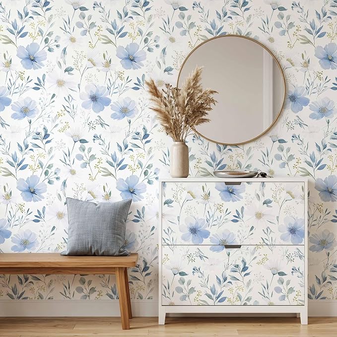 Light Blue Floral Peel and Stick Wallpaper, 17.7in x 118in | Self-adhesive and removable watercolor flower design for bedroom, living room, and accent wall - Image 4