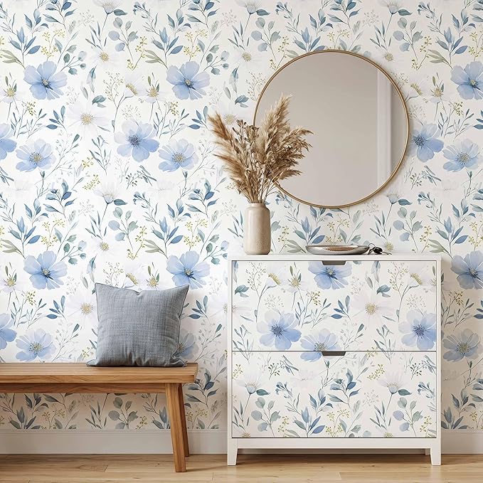 Light Blue Floral Peel and Stick Wallpaper, 17.7in x 393.7in | Self-adhesive and removable watercolor flower design for bedroom, living room, and accent wall - Image 7
