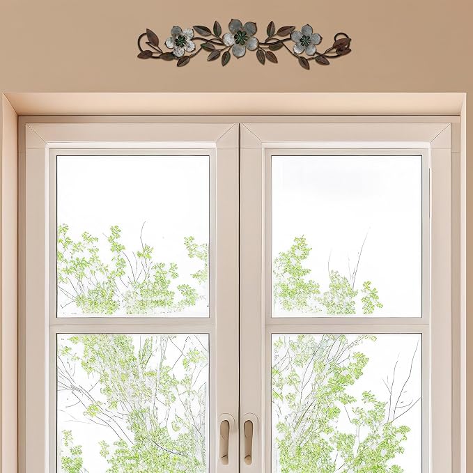 Wesiti Metal Flower Wall Decor Wrought Iron Scroll 15.7x3.7,Silver Gray | Vintage Metal Flower decor,Farmhouse Leaf Art with Nails, Flat Not 3D Design, For Bedroom Kitchen Indoor Outdoor Wall Decor - Image 4