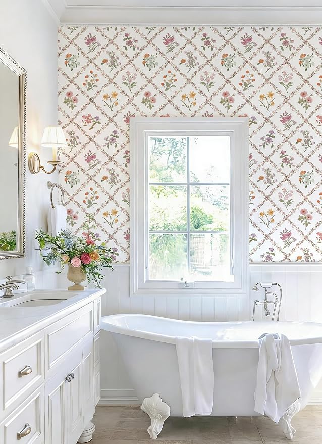 16.9in x118in Red Floral Peel and Stick Wallpaper Watercolor Floral Leaf | Boho Self Adhesive Wallpaper Modern Trellis Contact Paper DIY Removable Wallpaper for Bedroom Cabinets Drawers Decor Vinyl - Image 7