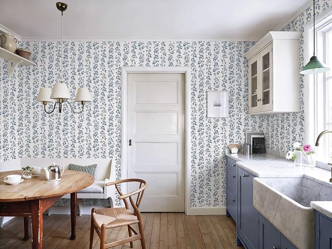 Heroad 17.3''x393'' Blue Wallpaper Vintage Peel and Stick Wallpaper Leaf Contact Paper Cottage Core Wall Paper Self Adhesive Removable Wallpaper for Bathroom Bedroom Kitchen Watercolor Decor Vinyl - Image 6