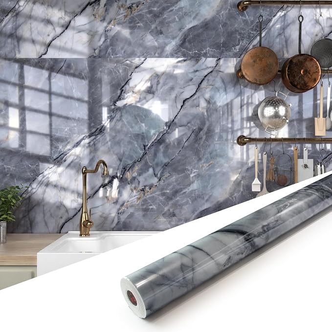 Marble Peel and Stick Waterproof Wall Paneling, 118" x 47" Pietra Grey Glossy Finish Self-Adhesive Backsplash Tile Vinyl Wall Panel for Kitchen Bathroom Wall Decor, Covers 38.75 Sq. Ft. by premiumqualitypeelandsticktile