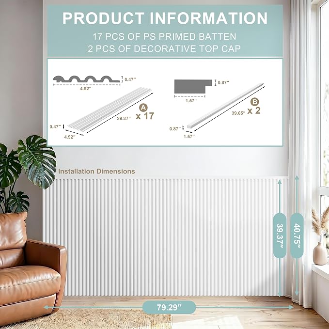 Wainscoting Panels for Living Room, Bedroom,Dining Room & Hallway | 17PCS 39 x 5 Inch Decorative White PS Waterproof Board and Batten Wall Panel for Interior Wall Décor- Covers 22.43 Sq.Ft - Image 3