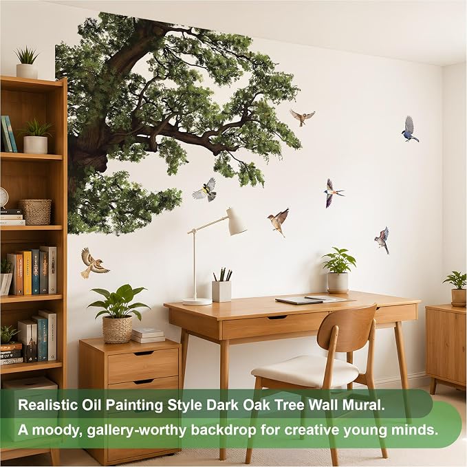 5.9 Ft x 4.0 Ft Dark Oak Tree Wall Decals, Oversized for Teen Room | Realistic Oil-Painted Oak Tree Peel and Stick Forest Mural, Bird on Branch, Ideal for Teen Study Room, Living Room and School - Image 3