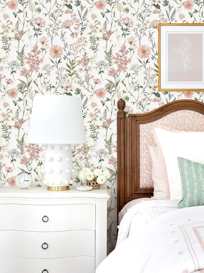Orainege Pink Floral Peel and Stick Wallpaper Self Adhesive Wallpaper | Removable Wallpaper 17.3inx118.1in Modern Wall Paper for Bedroom Bathroom Green Leaf Contact Paper for Cabinets - Image 2