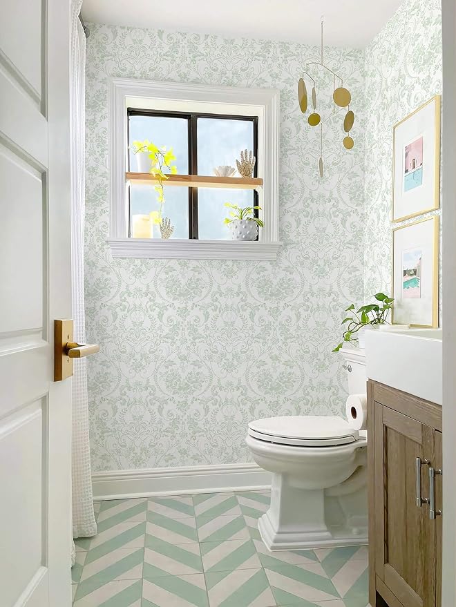 Peel and Stick Wallpaper for Bedroom Sage Green Damask Self-Adhesive | 78.7"×17.3" White & Sage Green Vintage Scroll Removable Waterproof Vinyl Wall Decor for Bathroom, Nursery - Image 3