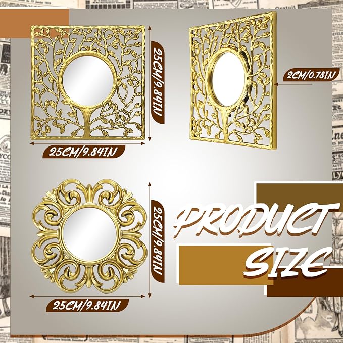 Fourluoo 3 Pack Gold Sunburst Mirrors for Wall Decor Circle Flowers Mirrors Decorative Gold Hanging Wall Art Flowers Mirror for Home Living Dinning Room Bedroom Bathroom Boho Decoration Art(Vintage) - Image 3