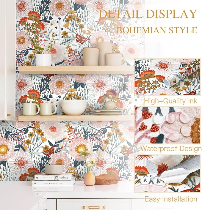 Dimoon Floral Wallpaper Peel and Stick Wallpaper Boho Retro Contact Paper 17.3''x385'' White Bohemian Vintage Removable Wall Paper Renter Friendly Waterproof Wall Mural Bedroom Bathroom Vinyl - Image 3