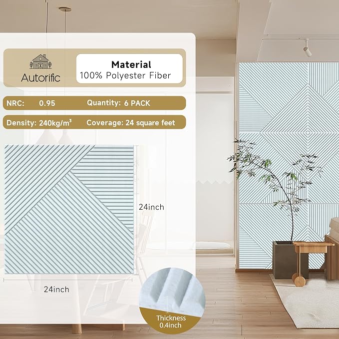 Acoustic Wall Panels,6 Pack,23.6"x23.6" Soundproof Panels,White | Self-Adhesive Sound Absorbing Panels,3D UV Printing with Wood Print,High-Density Polyester Fiber, Art Acoustic Panels - Image 2