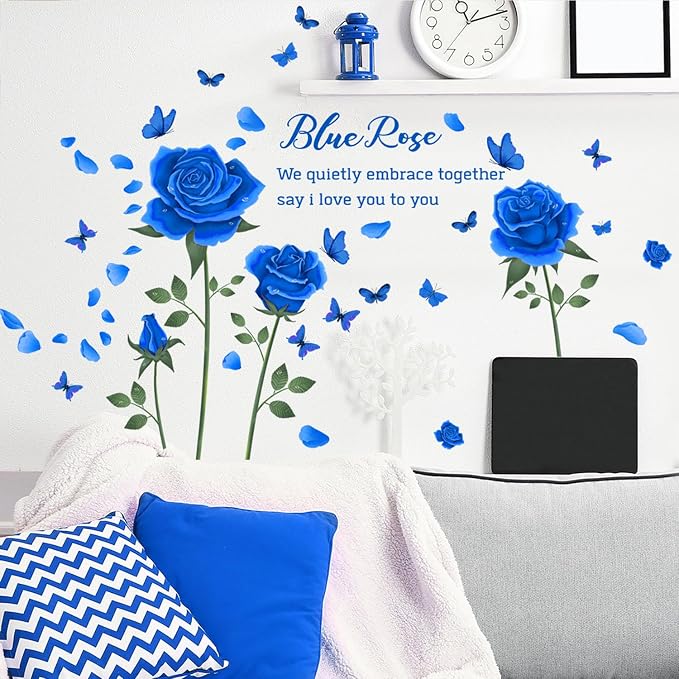 Blue Rose Wall Decals with Butterflies, Romantic Flower Wall Stickers with Quotes, Wall Art Decor for Bedroom Living Room, Blue Rose Petal Wall Mural for Room Rose Stickers - Image 6