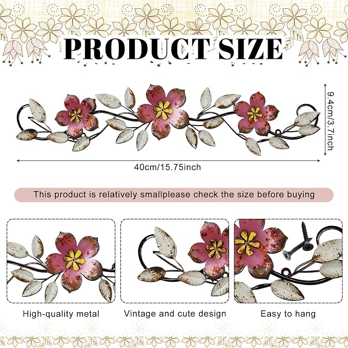 Wesiti Metal Flower Wall Decor Wrought Iron Scroll 15.7x3.7,Pink | Vintage Metal Flower decor,Farmhouse Leaf Art with Nails, Flat Not 3D Design, For Bedroom Kitchen Indoor Outdoor Wall Decor - Image 2