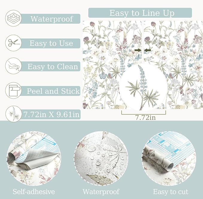 Blue Floral Peel and Stick Wallpaper Boho Leaf Self Adhesive Wallpaper | 16.9" x118" DIY Removable Contact Paper Botanical Flower Leaf Wall Paper Decoration for Bedroom Wall Cabinets Waterproof - Image 5