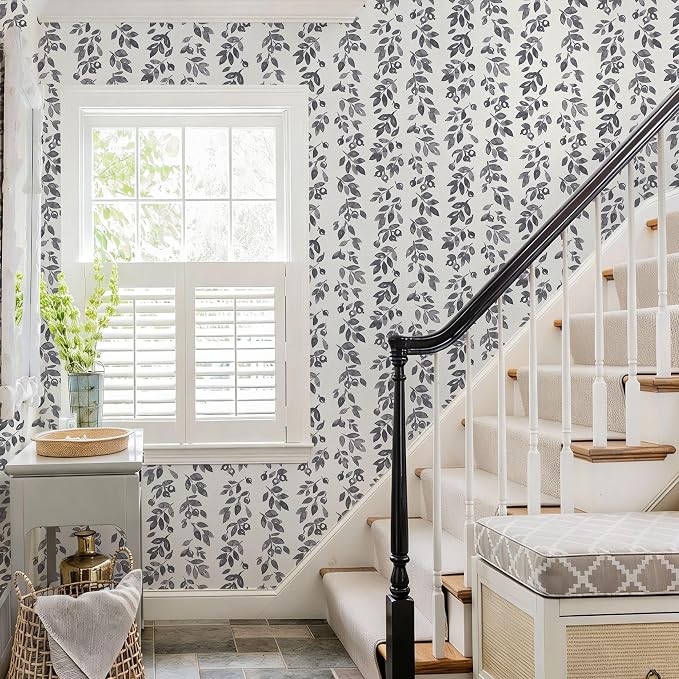 Ismoon Grey Wallpaper Peel and Stick Vintage Wallpaper 17.3in x 78.7ft Dark Grey Leaf Contact Paper Vintage Cottage Wall Paper for Bedroom Bathroom Kitchen Nursery Removable Vinyl - Image 5