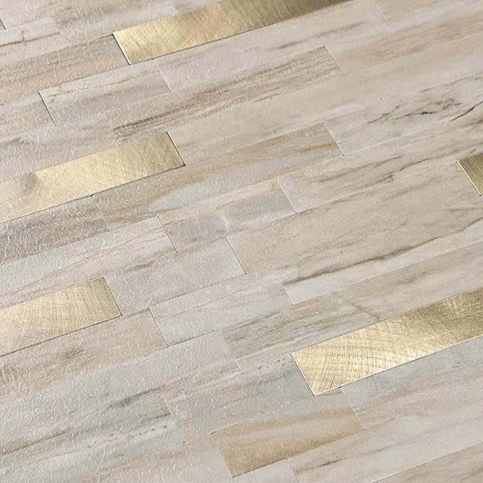 Yipscazo 10 Sheets Peel and Stick Stone Metal Tile Backsplash, Stick on Tiles for Backsplash Kitchen, Bathroom, Laundry Room, Camper, Fireplace (12'' X 12'', Beige Stone with Gold) - Image 5