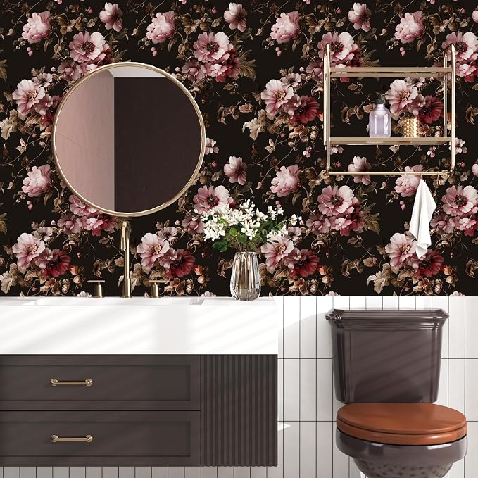 Laatse Dark Floral Brown Wallpaper Peel and Stick17.5 × 393", Black Pink | Self Adhesive/Removable/Waterproof/Thick Vinyl Contact Paper for Bathroom Bedroom Shelf Cabinet Drawer,Prepasted,Easy Peel - Image 8