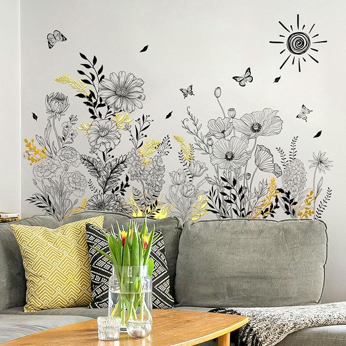 Black Floral Wall Decals with Gold Accents for Living Room Decor - Image 6