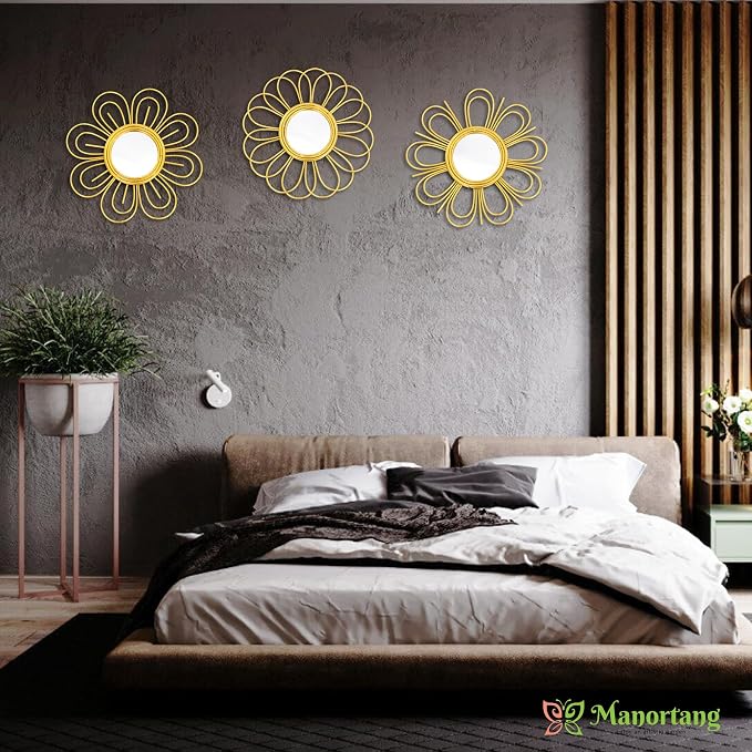 Gold Mirrors 3 Piece, 9 inch Flower-Indoor Shaped Mirror Hanging Wall Decor - Image 3