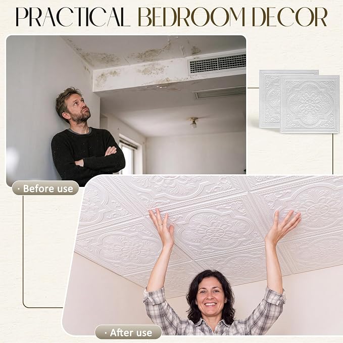 Nuanchu 80 Pcs 13.8 x 13.8 Inch Ceiling Tiles Peel and Stick, Exquisite | Foam White 3D Wall Panels 26-105.5 Sq. ft Adhesive Glue up Waterproof Wallpaper for DIY Office Home - Image 4