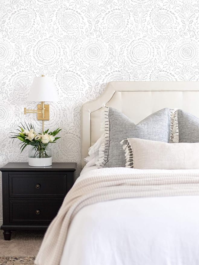 Ismoon Floral Peel and Stick Wallpaper Boho Grey and White Contact Paper | 17.3x196in Light Gray Wall Paper Textured Self Adhesive Removable Wallpaper for Bedroom Kitchen Renter Friendly Vinyl - Image 3