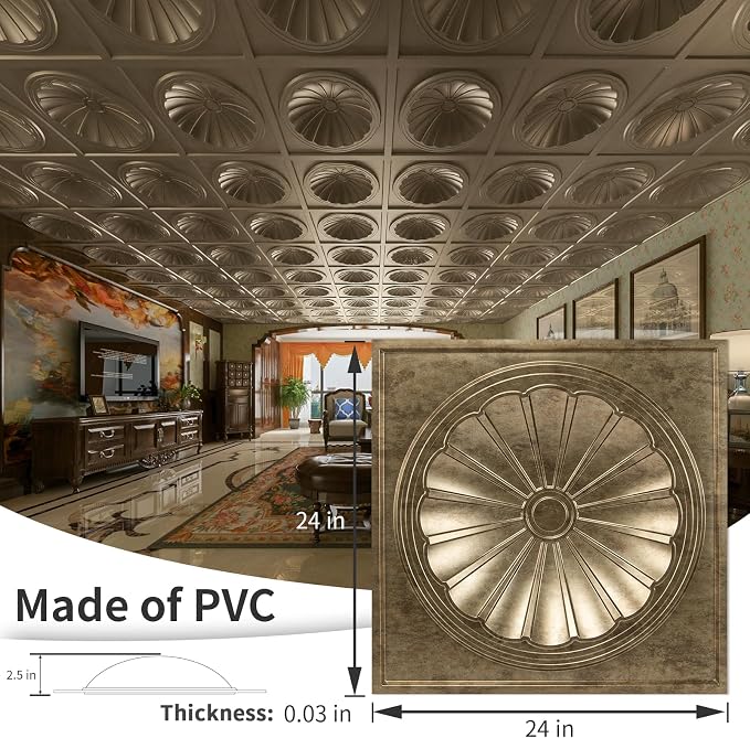 Art3dwallpanels Ceiling Tiles, 24 x 24 Inch, Antique Gold, 12 Pack | 3D Recessed Circle PVC Ceiling Panels, Fireproof Waterproof Light Tiles, 12 Pack 24"×24" Drop In Ceiling Decoration - Image 3
