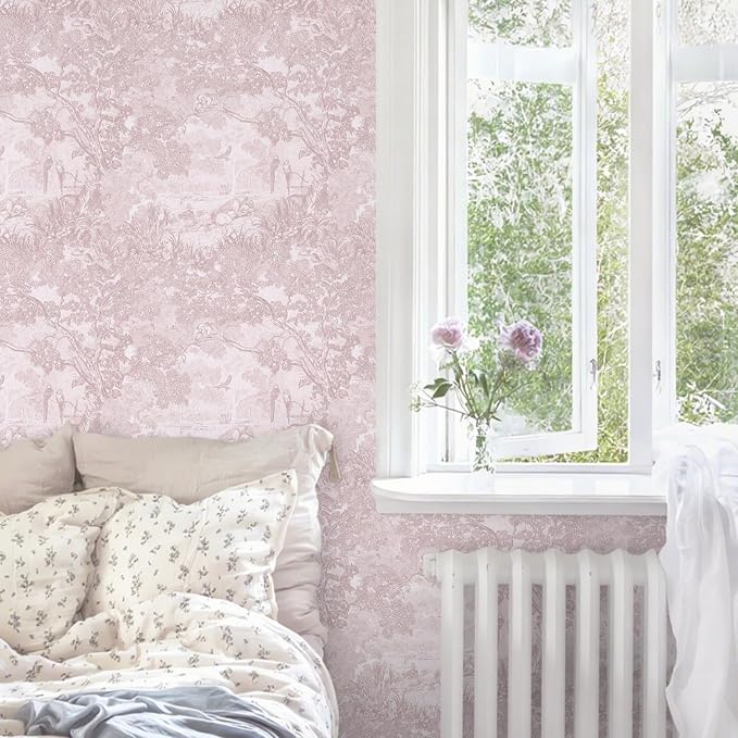 Ismoon Pink Peel and Stick Wallpaper Neutral Wall Paper 17.3in×6.56ft Vintage Removable Self-Adhesive Wallpaper Animals Jungle Contact Paper for Cabinets Bathroom Walls Covering Vinyl Roll - Image 6
