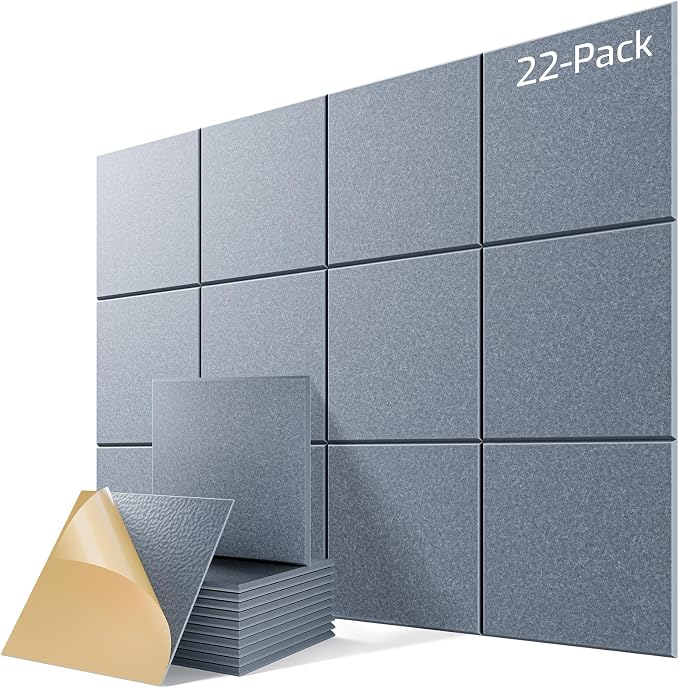 22 Pack Self-Adhesive Acoustic Panels, 12" X 12" X 0.4" High-Density Sound Proof Foam Panels for Walls, Soundproof Wall Panels for Home & Office (Light Gray) by Lebenforce